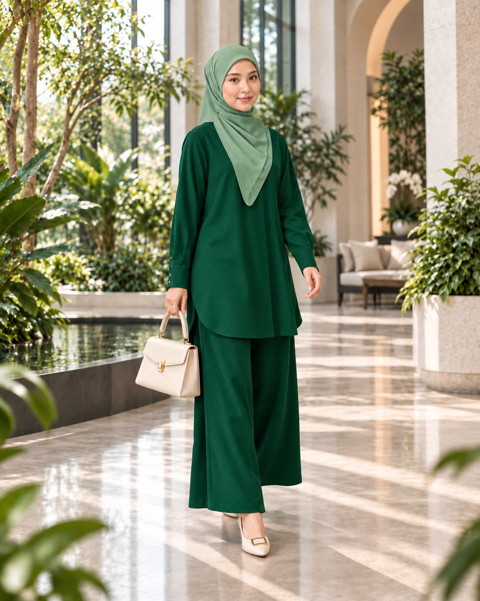 Set Elora Emerald Green berjalan dengan tudung soft emerald, beg dan kasut krim