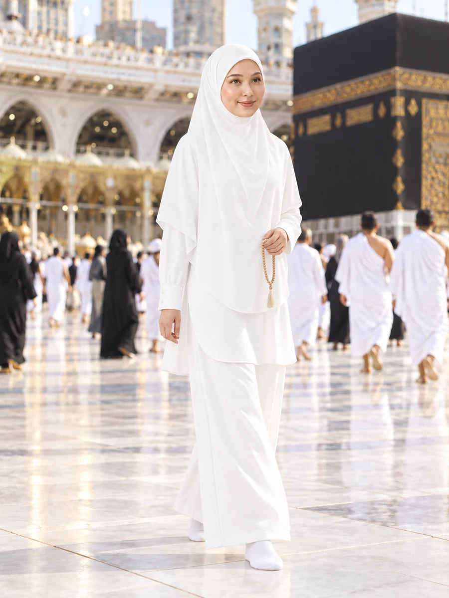 Set Elora White untuk Umrah dengan tudung labuh, tasbih dan stokin putih
